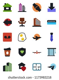 Color and black flat icon set - left arrow vector, plane, office building, coffee, heart shield, joint, record, download, chair, tie, house, plan, sweet home, reserved, omelette, jalousie, paper