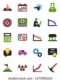 Color and black flat icon set - team vector, mobile tracking, target, gear, motivation, growth graph, crisis, calendar, flask, cash, calculator, car, paper plane, certificate, pedestal, storefront