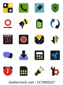 Color and black flat icon set - microphone vector, call, message, update, protect, calculator, clock, alarm, record, sim, calendar, notes, data exchange, download, torch, brightness, cut, battery