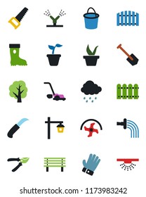 Color and black flat icon set - job vector, ripper, seedling, tree, bucket, watering, pruner, glove, boot, saw, lawn mower, rain, garden knife, bench, light, fence, irrigation, sprinkler