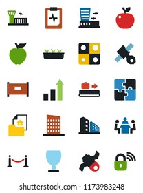 Color and black flat icon set - fence vector, baggage conveyor, airport building, growth statistic, seedling, pulse clipboard, satellite, fragile, application, meeting, estate document, office