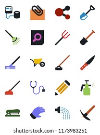 Color and black flat icon set - document search vector, pencil, shovel, farm fork, rake, wheelbarrow, watering, glove, hoe, garden sprayer, stethoscope, blood pressure, paper clip, stapler, knife