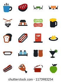 Color and black flat icon set - serviette vector, cocktail, coffee, beer, bacon, salt and pepper, bread, cafe building, table, vip zone, open close, steak, ham, hot dog, steaming pan, sushi