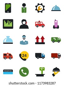 Color and black flat icon set - phone vector, reception bell, ambulance car, doctor, office, 24 hours, support, delivery, up side sign, heavy scales, cell, scanner, root setup, moving, waiter, dish