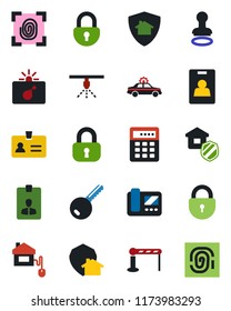Color and black flat icon set - barrier vector, alarm car, bomb in case, identity, stamp, lock, card, key, estate insurance, home control, fingerprint, intercome, protect, combination, sprinkler