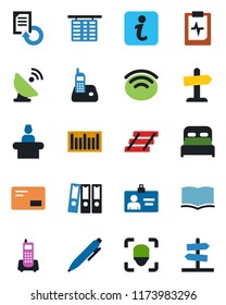 Color and black flat icon set - reception vector, flight table, identity card, book, pen, document reload, pulse clipboard, office phone, barcode, satellite antenna, radio, mail, wireless, face id
