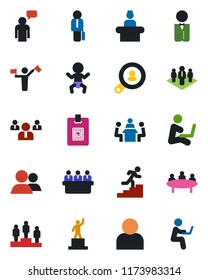 Color and black flat icon set - dispatcher vector, baby, reception, speaking man, pedestal, team, meeting, group, user, identity card, manager, career ladder, company, client search, waiter