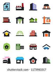 Color and black flat icon set - shop vector, office building, factory, greenhouse, hospital, store, warehouse storage, house with tree, garage, estate document, sweet home, crane, insurance, cafe