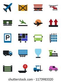 Color and black flat icon set - plane vector, arrival, airport bus, parking, fork loader, helicopter, seat map, building, railroad, truck trailer, car delivery, container, consolidated cargo