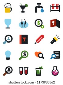 Color and black flat icon set - document search vector, bulb, blood test vial, thermometer, heart diagnostic, ampoule, fragile, torch, water supply, client, wine card, cocktail, phyto bar, beer