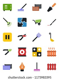 Color and black flat icon set - safe vector, trowel, farm fork, rake, wheelbarrow, pruner, scalpel, cargo container, oil barrel, pause button, application, ink pen, heater, ladle, radiator