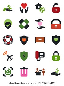 Color and black flat icon set - plane radar vector, fence, passport control, trash bin, patch, heart shield, hand, protect, lock, eye id, estate insurance, intercome, palm sproute, crisis management