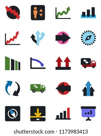 Color and black flat icon set - elevator vector, right arrow, left, crisis graph, route, up side sign, sorting, update, download, compass, bar, moving, growth, presentation