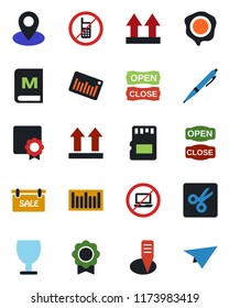 Color and black flat icon set - no mobile vector, laptop, stamp, plant label, pin, fragile, up side sign, barcode, sd, cut, sertificate, pen, sale, menu, open close, paper plane