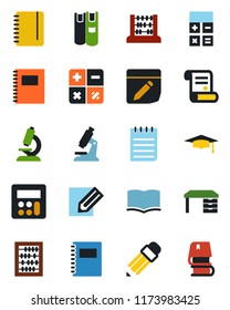 Color and black flat icon set - book vector, calculator, graduate, abacus, desk, notepad, pencil, contract, microscope, notes, copybook