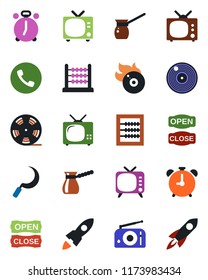 Color and black flat icon set - alarm clock vector, phone, tv, sickle, reel, vinyl, flame disk, radio, abacus, open close, turkish coffee, rocket