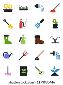 Color and black flat icon set - job vector, garden fork, farm, rake, watering can, boot, seedling, hoe, sprayer, fertilizer, flower in pot, irrigation