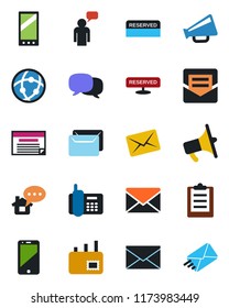 Color and black flat icon set - speaking man vector, mail, office phone, loudspeaker, cell, mobile, message, network, clipboard, reserved, home, schedule