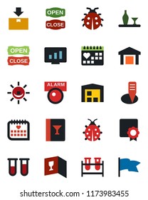 Color and black flat icon set - statistic monitor vector, lady bug, plant label, blood test vial, medical calendar, warehouse, package, sertificate, alcohol, wine card, open close, alarm led, flag