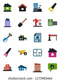 Color and black flat icon set - barrier vector, airport building, shovel, wheelbarrow, saw, house, hospital, with garage, plan, estate document, city, crane, home message