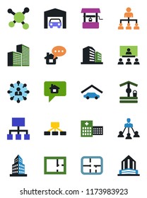 Color and black flat icon set - hierarchy vector, well, hospital, molecule, office building, garage, plan, home message