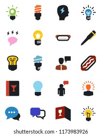 Color and black flat icon set - speaking man vector, pen, brainstorm, bulb, dialog, wine card, hot dog, energy saving, shining head, idea