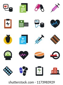 Color and black flat icon set - heart pulse vector, diagnosis, syringe, blood pressure, pills, blister, tomography, real, clipboard, hospital