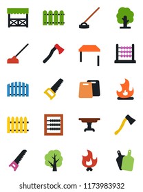 Color and black flat icon set - fence vector, tree, saw, fire, hoe, axe, abacus, table, alcove, cutting board