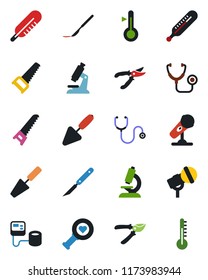 Color and black flat icon set - trowel vector, pruner, saw, stethoscope, blood pressure, thermometer, heart diagnostic, microscope, scalpel, microphone