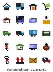 Color and black flat icon set - truck trailer vector, cargo container, car delivery, consolidated, warehouse storage, up side sign, no hook, package, moving