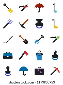 Color and black flat icon set - suitcase vector, stamp, job, shovel, farm fork, bucket, pruner, axe, scalpel, umbrella, case, ladle, hard work