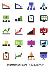 Color and black flat icon set - growth statistic vector, hierarchy, monitor, pulse, clipboard, statistics, presentation board, bar graph, point, crisis