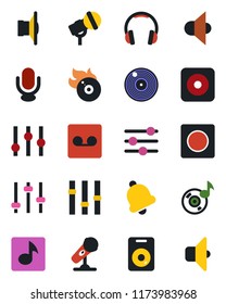 Color and black flat icon set - vinyl vector, flame disk, microphone, speaker, settings, headphones, rec button, tuning, bell, record, music, sound