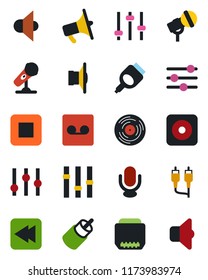 Color and black flat icon set - vinyl vector, microphone, speaker, loudspeaker, settings, stop button, rewind, rec, rca, hdmi, tuning, record, sound