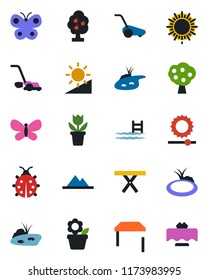 Color and black flat icon set - sun vector, flower in pot, lawn mower, butterfly, lady bug, pond, picnic table, brightness, pool, fruit tree, mountains, restaurant