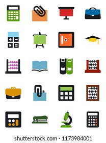 Color and black flat icon set - checkroom vector, book, calculator, graduate, abacus, presentation board, microscope, case, paper clip, stapler