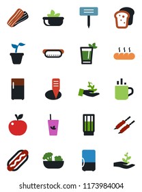 Color and black flat icon set - hot cup vector, seedling, plant label, drink, phyto bar, salad, bacon, bread, kebab, dog, apple fruit, fridge, palm sproute