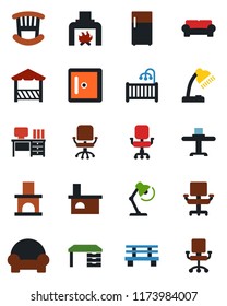 Color and black flat icon set - checkroom vector, office chair, desk, bench, fireplace, lamp, children room, cushioned furniture, restaurant table, alcove, fridge