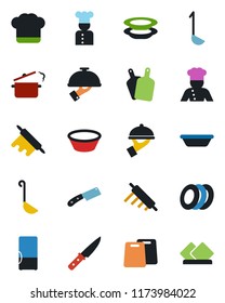 Color and black flat icon set - fridge vector, cook, hat, plates, waiter, ladle, bowl, rolling pin, cutting board, knife, steaming pan, serviette