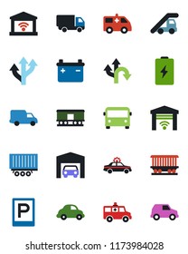Color and black flat icon set - airport bus vector, parking, alarm car, ladder, ambulance, route, railroad, truck trailer, delivery, garage, gate control, battery