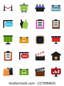 Color and black flat icon set - fence vector, presentation board, meeting, clipboard, clapboard, sale, rooms, sold signboard, smart home, cutting, chip