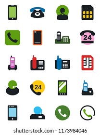 Color and black flat icon set - phone vector, mobile, office, 24 hours, support, cell, radio, back, call, sim
