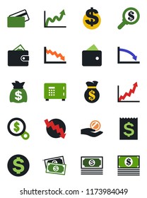 Color and black flat icon set - safe vector, dollar sign, money bag, crisis graph, cash, receipt, credit card, wallet, growth, search, investment