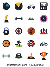 Color and black flat icon set - pedestal vector, barbell, bike, run, heavy, clock, stopwatch, target, mountains, award cup