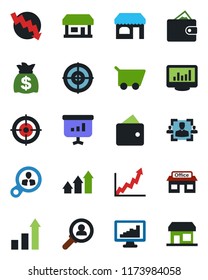 Color and black flat icon set - shop vector, growth statistic, money bag, crisis graph, store, monitor statistics, hr, target, consumer search, arrow up, wallet, cart, presentation, storefront