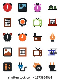 Color and black flat icon set - elevator vector, alarm clock, tv, abacus, stamp, fireplace, film frame, flame disk, gallery, ink pen, house with tree, power plug