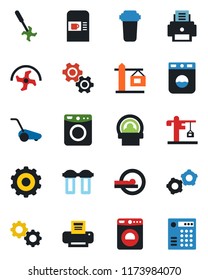 Color and black flat icon set - coffee machine vector, washer, gear, ripper, lawn mower, tomography, printer, crane, water filter, combination lock