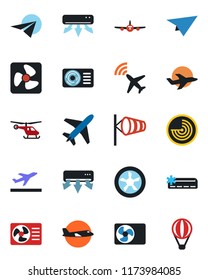 Color and black flat icon set - plane vector, radar, departure, wind, helicopter, air conditioner, fan, paper, balloon
