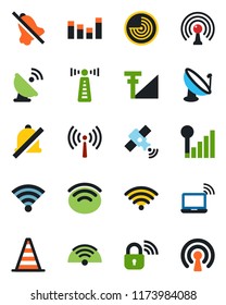 Color and black flat icon set - antenna vector, wireless notebook, border cone, radar, satellite, equalizer, mute, cellular signal, lock