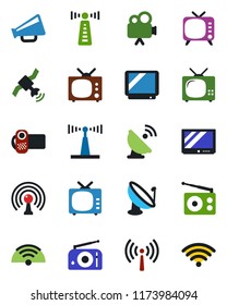 Color and black flat icon set - antenna vector, satellite, radio, loudspeaker, tv, video camera, wireless